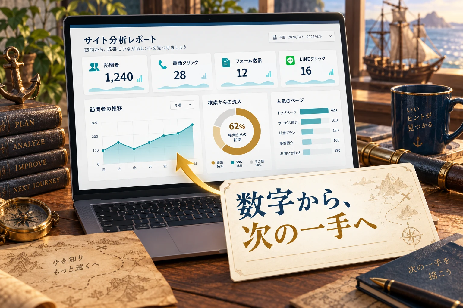 訪問者、電話クリック、フォーム送信、LINEクリックと推移をまとめた成績表の説明用イメージ。数字は架空