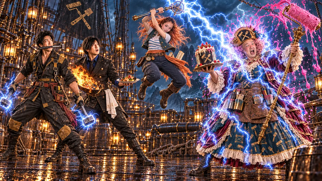 航海士のミオが跳び上がり、杖から雷を落とす（社員の写真をもとにしたAI創作）