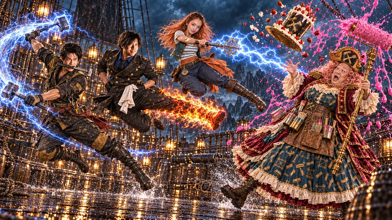 ハンマー・炎の蹴り・雷が同時に塗装女帝に当たる（社員の写真をもとにしたAI創作）
