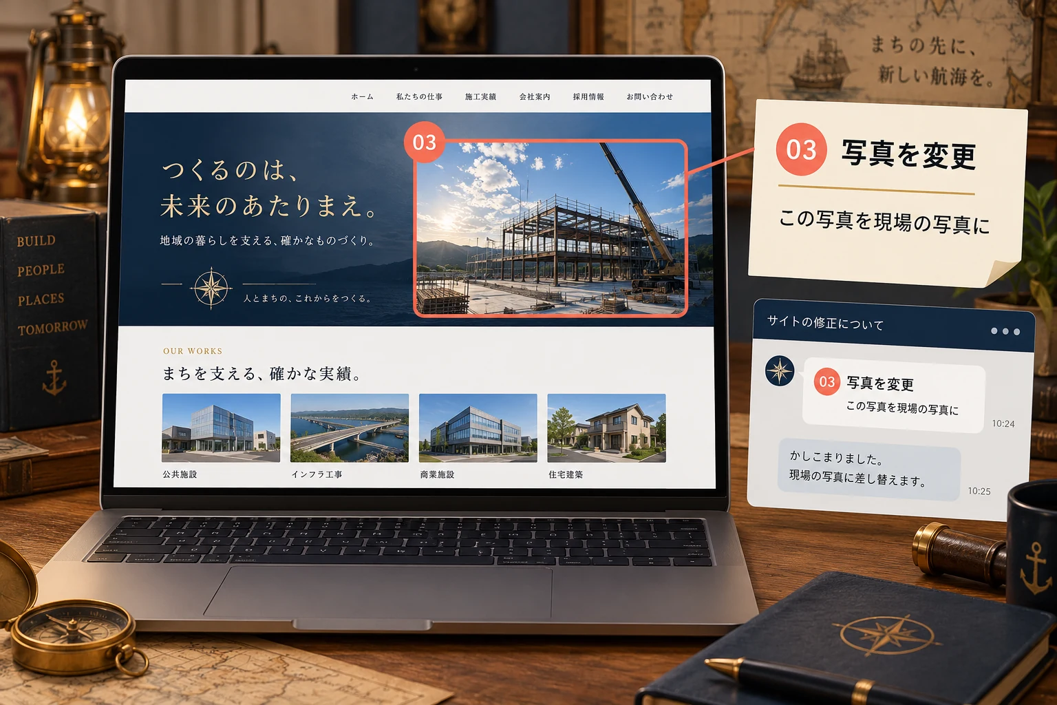 ホームページの写真に03番の付箋を置き、写真の変更を伝える説明用イメージ