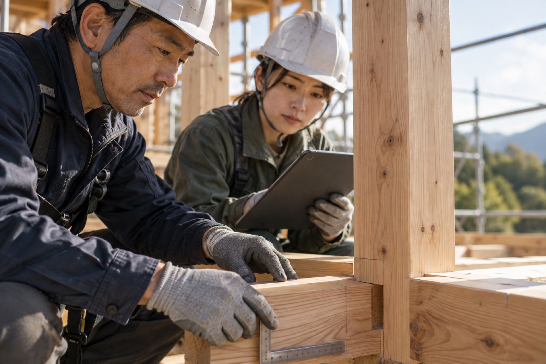 木材の納まりを確認する架空の建設技術者
