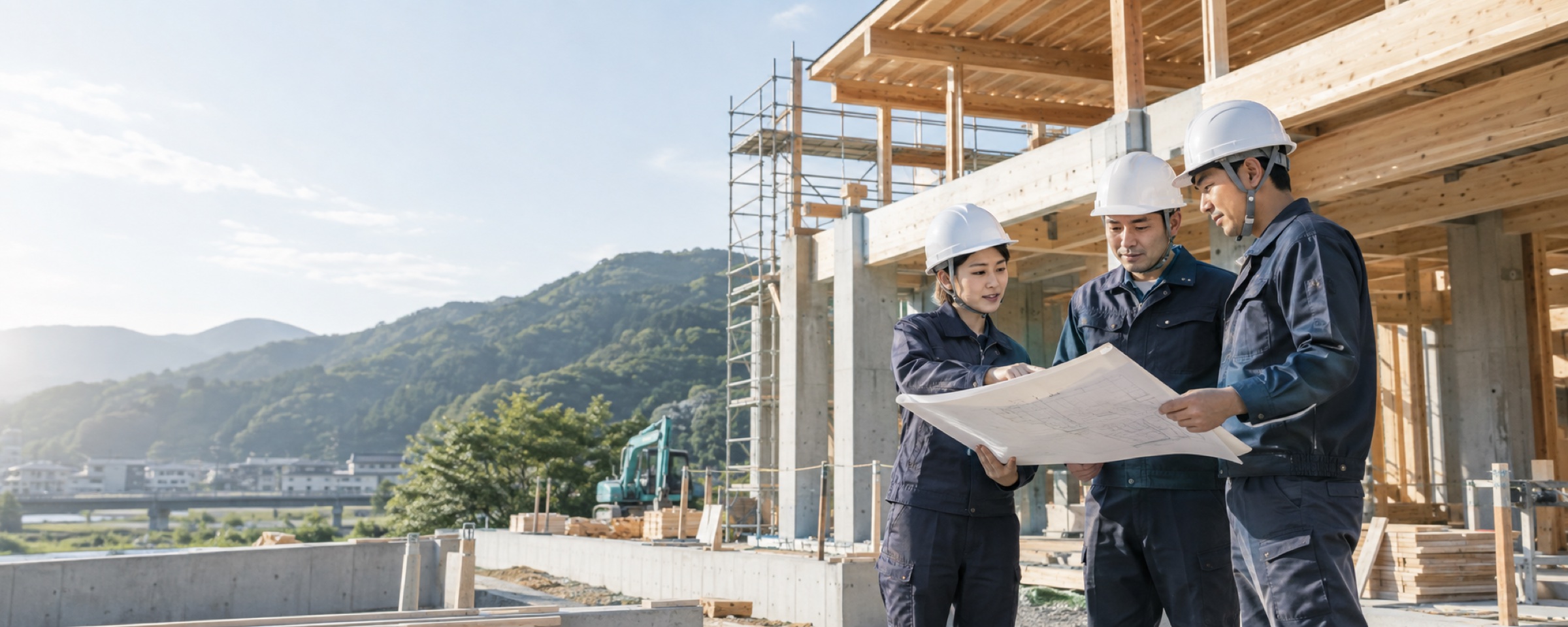 木造建築の現場で図面を確認する架空の建設チーム