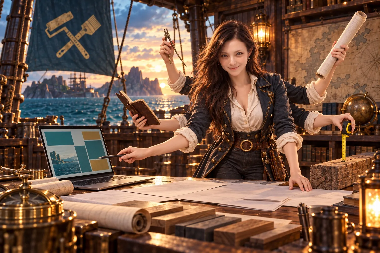 多くの手で資料と画面を整理する女性の海賊（AIによる創作）